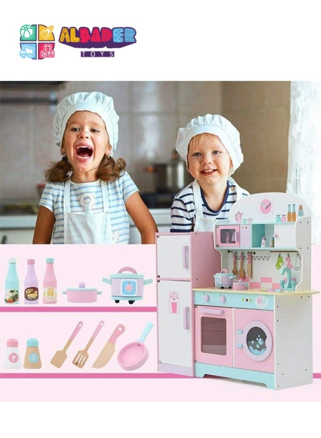 AL BADER Wooden Kitchen Toy With Oven And Cook Food Toys Set And Ice Maker, Large wooden kitchen with Storage places, Interactive Brand Play Kitchen for Girls & Boy 3-10 Years (Colorful, 89*29*101) - Image 3